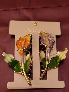 Natasha Floral Enamel Calla Lily Hair Clips - Orange & Lavender Brand New TL